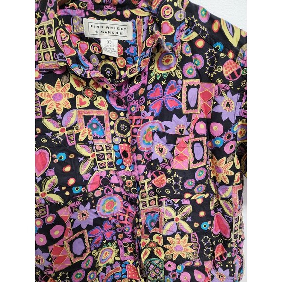 Fenn Wright & Manson purple multi color patterned button up silk shirt L - Picture 1 of 4